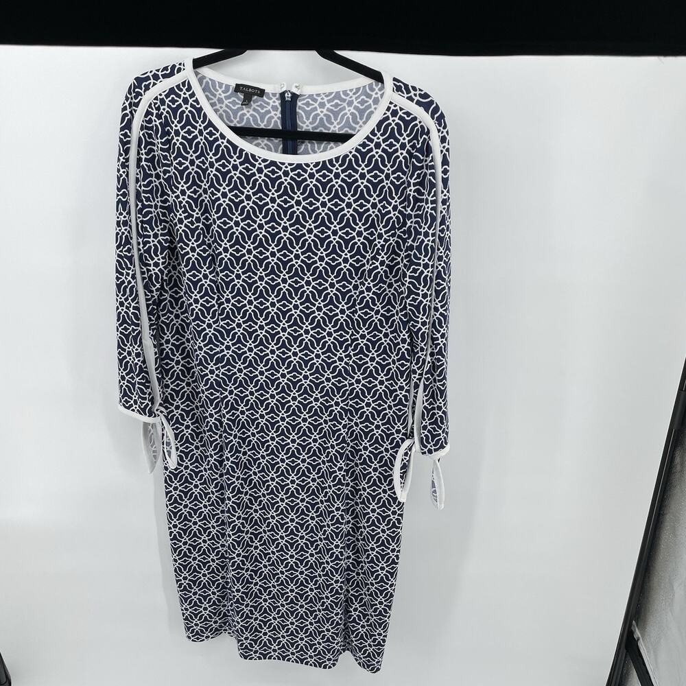 Talbots Women’s Large Blue & White Geometric Pattern Dress Tie Sleeves Office
